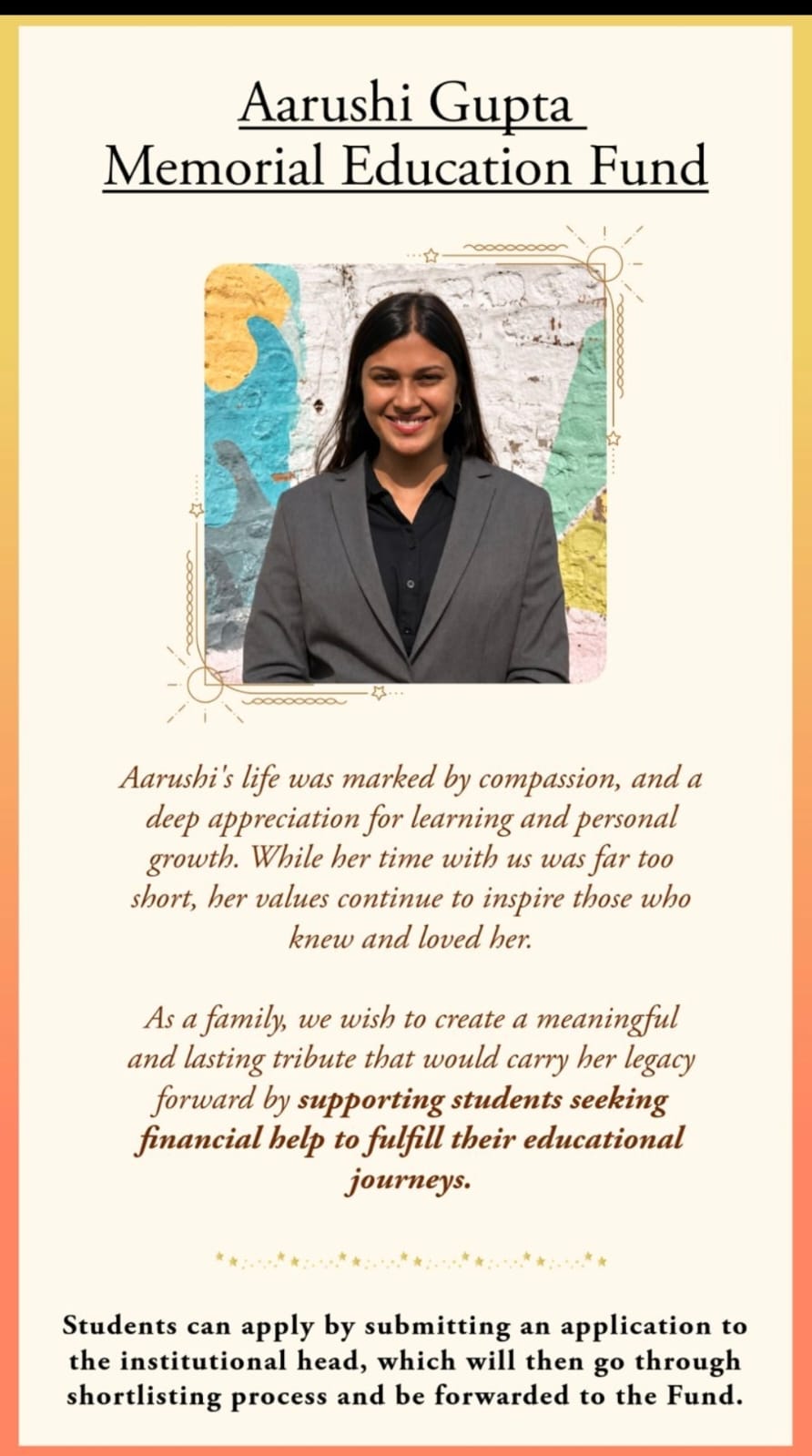The family&rsquo;s tribute card: Aarushi Gupta smiling in front of her painted wall, above the family&rsquo;s written words about the Fund.